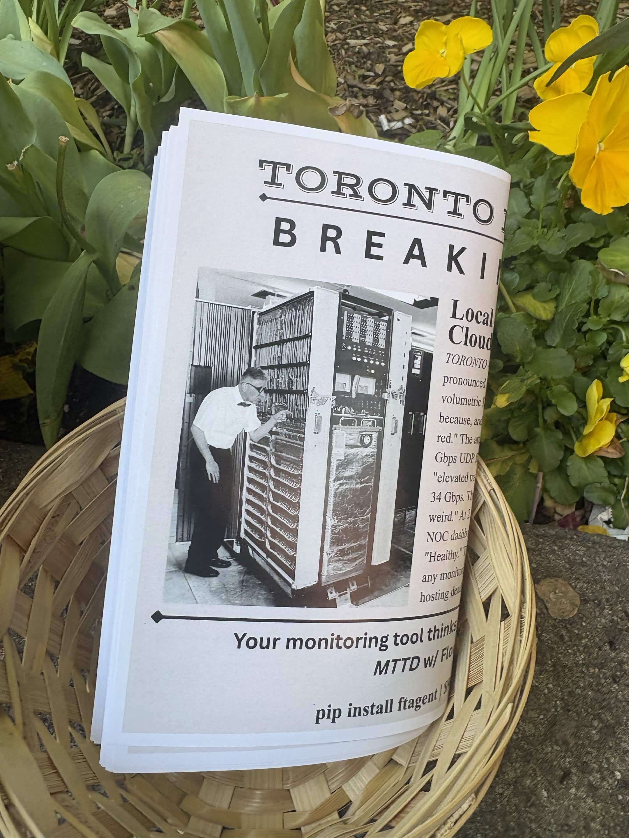 The DDoS Times fake newspaper in a basket at Toronto Tech Week